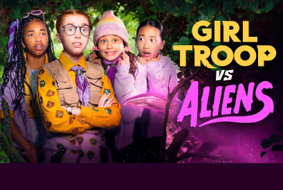 The 4 main characters from Girl Troops Versus Aliens look scared into the distance, Girl Troops logo to bottom right