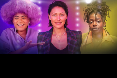 Style it Out presenter Emma Willis is centre of the image, flanked by judges Ayishat Akanbi and Jorge Antonio to her left and right.