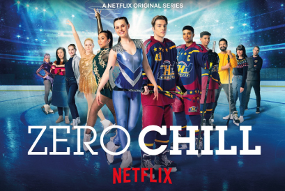 Promo image for Netflix' Zero Chill the characters are in iceskating costumes shown on an icerink. Netflix and Zero Chill logos at the bottom centre