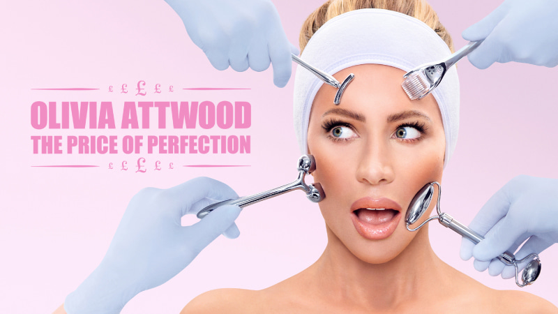 Close up shot of Olivia Attwood, looking shocked into the lens as four hands in gloves put various metal beauty instruments on her face
