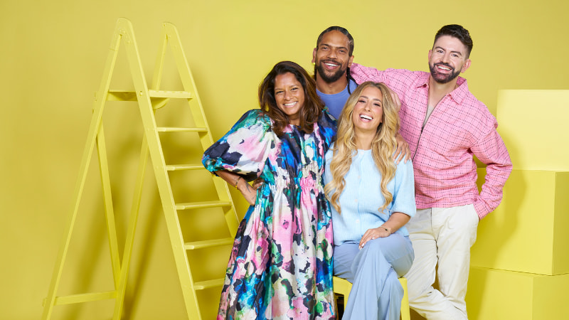 The four Sort Your Life Out presenters are huddled together, smiling at the camera, surrounded by moving boxes and a ladder.